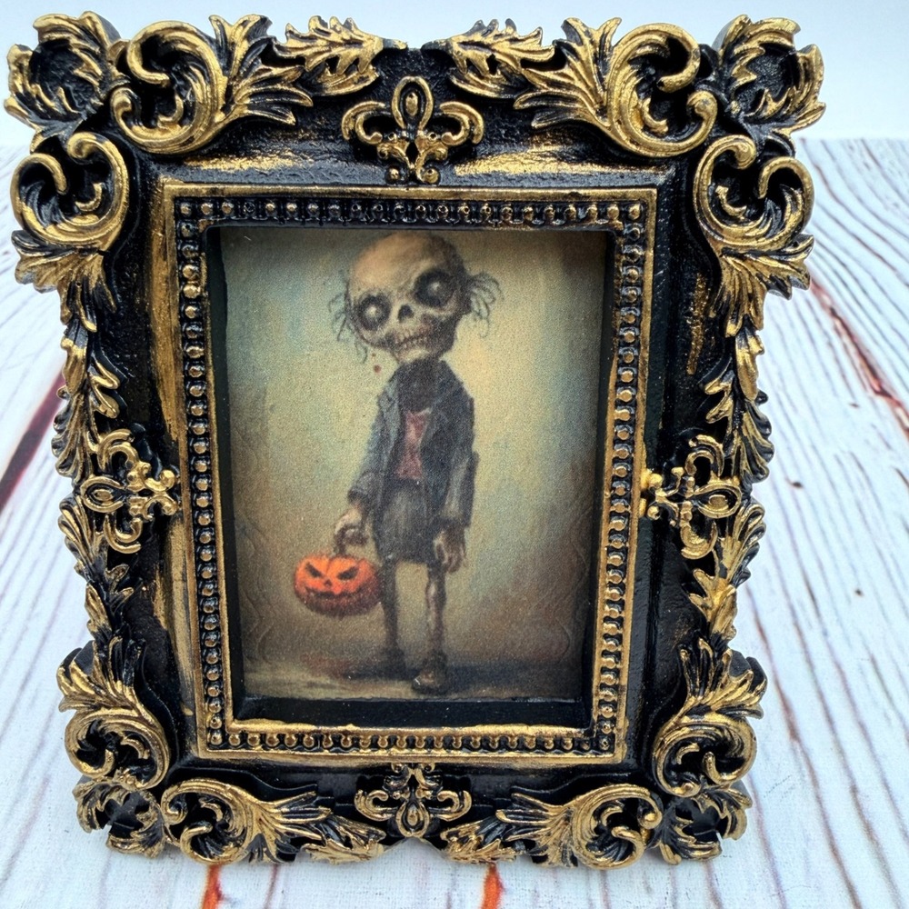 Zombie Boy Decoupage Art Halloween Decor Ornate Black Gold Resin Frame 4x3.25